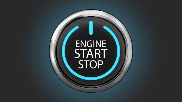 Vector illustration of Engine start stop button with blue shine on off sign