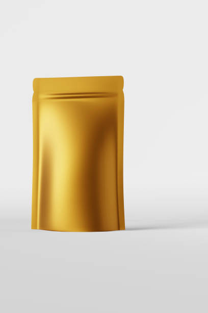 istock Golden metallic pouch bag mockup branding white background 3D rendering epic view Merchandise coffee bean package design 1411088203