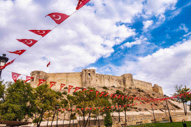 Gaziantep castle with Turkish flags