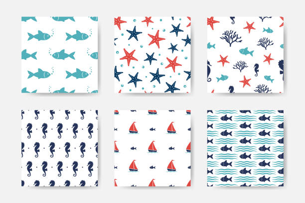 Vector collection of marine seamless patterns with fish, starfish, corals and seahorse Vector collection of marine seamless patterns with fish, starfish, corals and seahorse sailing background stock illustrations