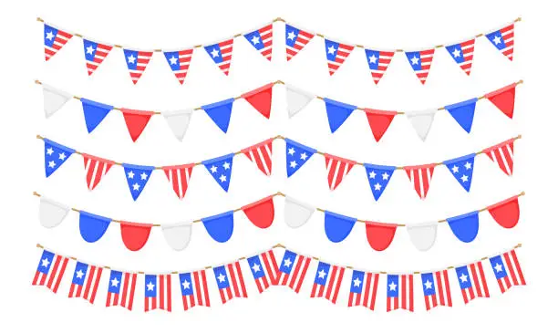 Vector illustration of USA flag garlands set. US patriotic pennants chains collection. American party bunting decoration. United States flags for celebration. Vector footer background.