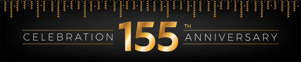 istock 155th anniversary. One hundred fifty-five years birthday celebration horizontal banner with bright golden color. 1411091351