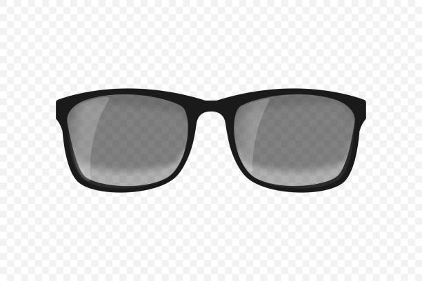 사실적인 태양 안경. 전면보기 눈부심이있는 검은 색 안경. 투명 한 배경에 격리 된 벡터 그림입니다. - lens flair stock illustrations