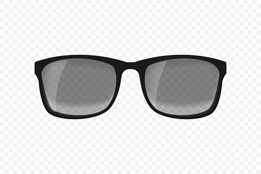 Realistic Sun glasses. Front view black glasses with glares. Vector illustration isolated on transparent background