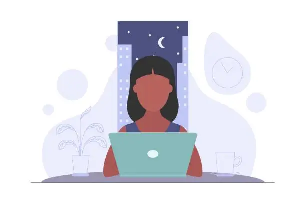 Vector illustration of Freelancer working at night at home. Woman has too much work. Freelance, student or remote worker concept. Flat style vector illustration isolated on white background.