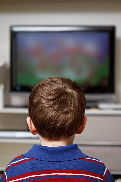 istock Rear view of young boy watching television 141109221