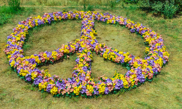 segno pacifista fatto di fiori colorati in giardino - pacifism foto e immagini stock