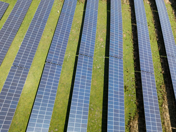 istock Aerial view of a solar panel farm. No people. 1411096328