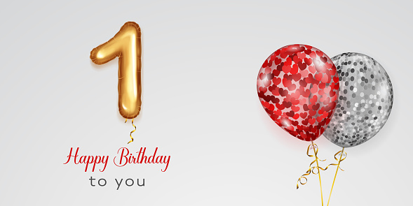 Festive birthday illustration with colored helium balloons, big number 1 golden foil balloon and inscription Happy Birthday on white background