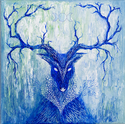 Cernunnos, the ancient Celtic God. Blue deer spirit oil painting.