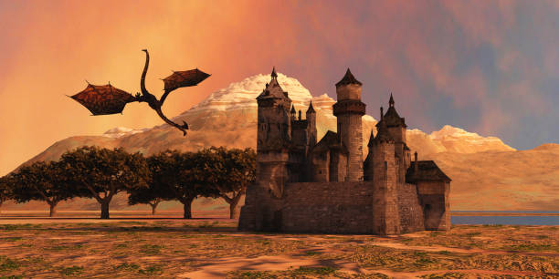 dragon et château - royaume photos et images de collection