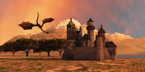 A fearsome dragon attacks a castle in medieval Europe.