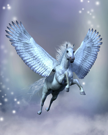 Legendary white Pegasus flies among stars and fluffy clouds on sturdy wings.
