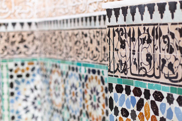 istock Ancient Arabian decoration pattern style on a white wall detail in Marrakesh 1411099043