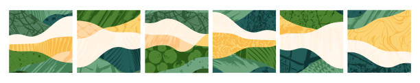 추상적 인 풍경 벡터 소셜 미디어 배경 일러스트레이션 세트입니다. 다채로운 질감의 시골. 장식 에코 카드의 번들. 자연, 생태, 유기, 환경 엽서, 포스터 디자인 - organic textured backgrounds pattern stock illustrations