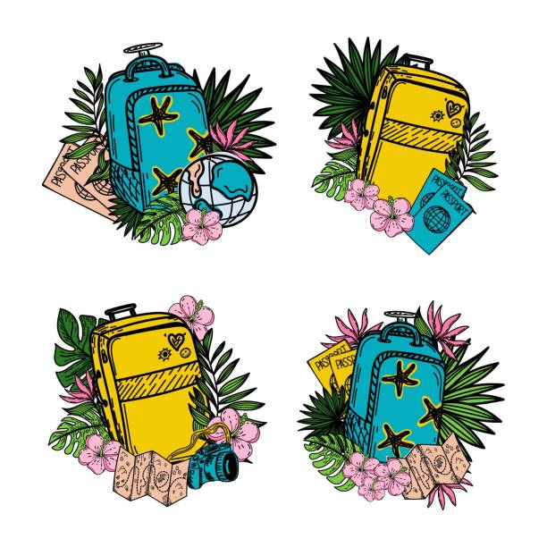 istock Set of different icons with luggage and flowers, hand-drawn doodle in sketch style. Vector illustration. Large suitcase, passport, globe and exotic flowers with leaves. Accessories. Sketch. 1411101607