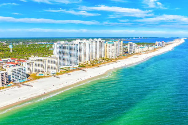 Perdido Key Florida Aerial Aerial view of rows of condominium vacation rentals along the beach on Perdido Key, Florida in Pensacola shot from an altitude of about 500 feet during a helicopter photo flight. florida beach above stock pictures, royalty-free photos & images