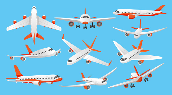 Airline png plane. Isometric aviation top view. Passenger aircraft transportation. Front and side landing. Wing destination of flight jet. Flying airplanes set. Vector illustration