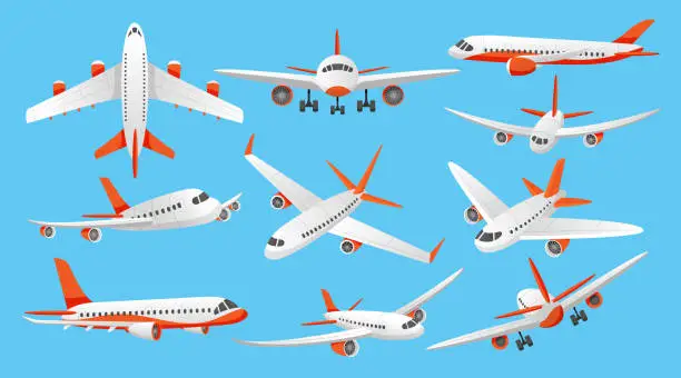 Vector illustration of Airline png plane. Isometric aviation top view. Passenger aircraft transportation. Front and side landing. Wing destination of flight jet. Flying airplanes set. Vector illustration