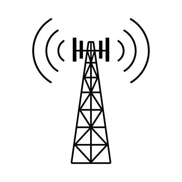 illustrazioni stock, clip art, cartoni animati e icone di tendenza di icona della torre di telecomunicazione. trasmissione radiodiffusione, antenna di telecomunicazione, pittogramma fm, elettromagnetico 5g. telefono stazione satellitare. silhouette nera, illustrazione grafica vettoriale - tower