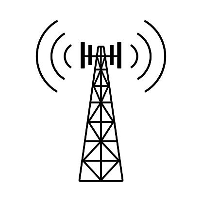 Telecom tower icon. Radio broadcast transmission, telecommunication mast, fm pictogram, 5g electromagnetic. Telephone and television satellite station. Black silhouette, vector graphic illustration