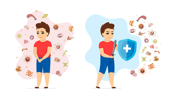 Children healthy and disease immune system comparison concept. Strong immunity boy protected from viruses and germs and unhealthy sick kid susceptible to infection. Bacteria prevention and protection