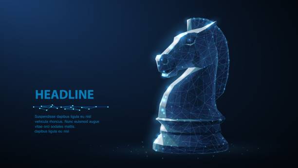 Knight. Abstract vector 3d chess knight isolated on blue. Business strategy, marketing solution, strategic vision, innovate technology concept. Knight. Abstract vector 3d chess knight isolated on blue. Business strategy, marketing solution, strategic vision, innovate technology concept. Success management, challenge and competition symbol knight chess piece stock illustrations