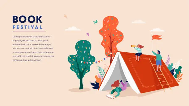 Vector illustration of Book festival concept. Little girl reading in the open huge book, opened as a home. Fantasy, adventures and Imagination concept design. Vector illustration, poster and banner