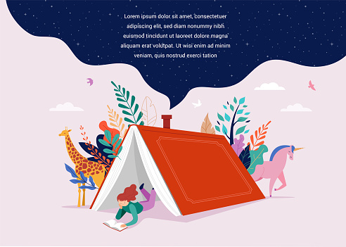 Book festival concept. Little girl reading in the open huge book, opened as a home. Fantasy, adventures and Imagination concept design. Vector illustration, poster, banner