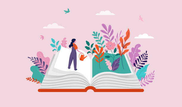 book festival concept of the woman watering garden and reading an open huge book. back to school, library concept design. vector illustration, poster and banner - hikaye anlatmak illüstrasyonlar stock illustrations
