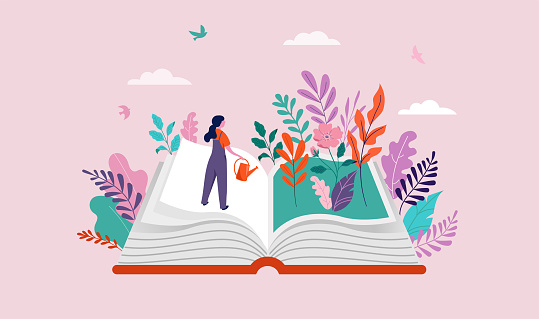 Book festival concept of the woman watering garden and reading an open huge book. Back to school, library concept design. Vector illustrated poster and banner
