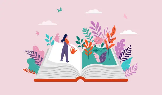 Vector illustration of Book festival concept of the woman watering garden and reading an open huge book. Back to school, library concept design. Vector illustration, poster and banner