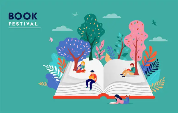 Vector illustration of Book festival concept of a small people, kids reading an open huge book. Back to school, library concept design. Vector illustration, poster and banner