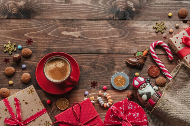 Saint Nicholas gift and cup of coffee