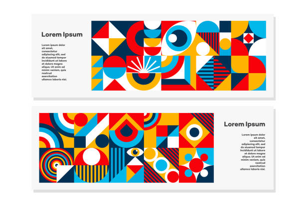 Bauhaus flyer set minimal 20s geometric style Bauhaus flyer set minimal 20s geometric style with geometry figures and shapes circle, triangle. square. Human psychology and mental health concept illustration. Vector 10 eps hipster background stock illustrations