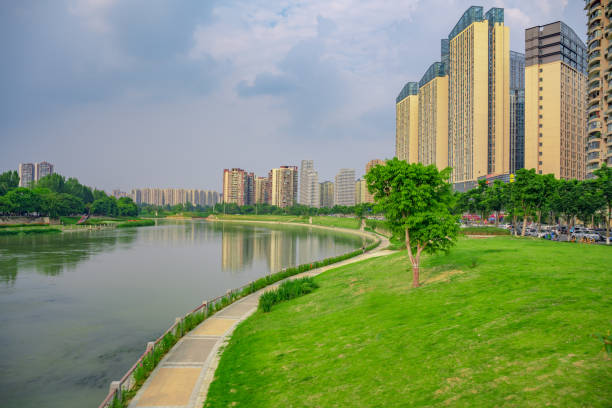 istock Riverside buildings in Chengdu at dusk 1411121475