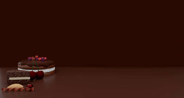 istock Chocolate chunk with blackberries, raspberries, cherries, cake slice and panettone on a chocolate colored background with copy space. 3d illustration 1411122303