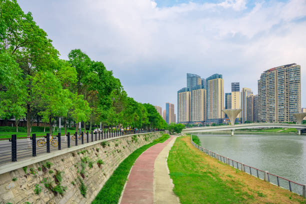 istock Riverside buildings in Chengdu at dusk 1411122393