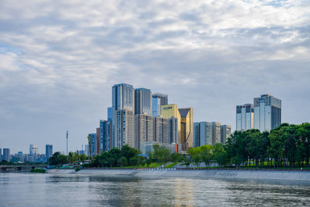 istock Riverside buildings in Chengdu at dusk 1411123013