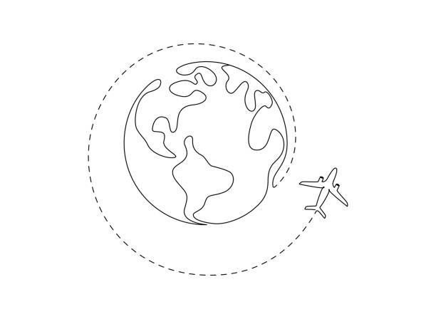 одна сплошная линия рисунка земного шара с траекторией самолета и даха. маршрут полета на карте мира в простом линейном стиле. концепция си� - flying vacations doodle symbol stock illustrations