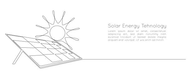 eine durchgehende linienzeichnung von solarpanel mit sonne. grüne energie und erneuerbare ressourcen in einfachem, linearem stil. kraftwerks- und ökologiekonzept speichern. bearbeitbarer strich. doodle-vektor-illustration - solar power station solar panel sun house stock-grafiken, -clipart, -cartoons und -symbole
