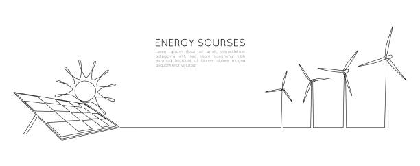 eine durchgehende linienzeichnung von windkraftanlage und sonnenkollektor mit sonne. grüne energie und erneuerbare ressourcen in einfachem, linearem stil. kraftwerkskonzept. bearbeitbarer strich. doodle-vektor-illustration - solar power station solar energy sun clean stock-grafiken, -clipart, -cartoons und -symbole