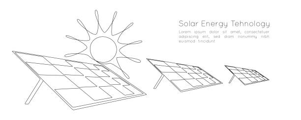 eine durchgehende linienzeichnung von sonnenkollektoren mit sonne. saubere energie und erneuerbare ressourcen in einfachem, linearem stil. kraftwerks- und ökologiekonzept speichern. bearbeitbarer strich. doodle-vektor-illustration - solar power station solar energy sun clean stock-grafiken, -clipart, -cartoons und -symbole