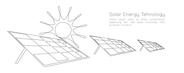 один непрерывный линейный рисунок солнечных панелей с солнцем. чистая энергия и возобновляемые ресурсы в простом линейном стиле. электрос� - solar energy illustrations stock illustrations
