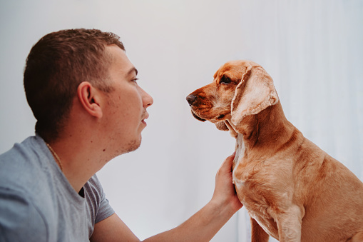 Happy man playing with a pet dog indoors at home.Human animal friendship concept. Man plays with a dGuy with his dog at home. I love animals.Close up portrait.