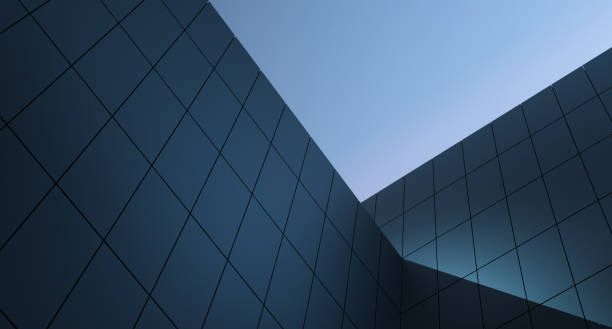 progettazione architettonica da blocchi. struttura di moderno design metallico della parete con riflessione. il concetto di un edificio moderno. rendering 3d. - costruire foto e immagini stock