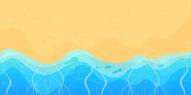 Vector illustration of Summer beach with sand and waves top view in cartoon style, background. Tropical coast line, landscape, scenery. Vector illustration