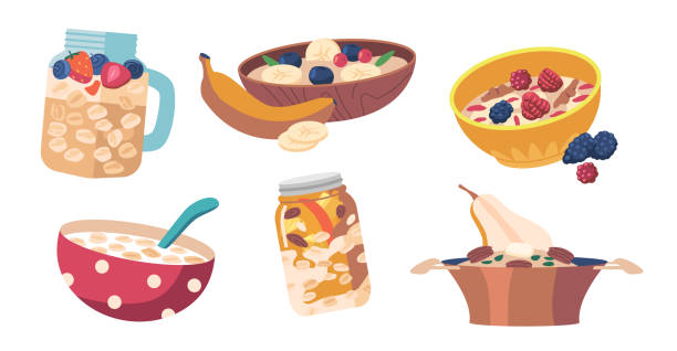 ilustraciones, imágenes clip art, dibujos animados e iconos de stock de set avena desayuno saludable, tazón con gachas y cuchara, cereales muesli copos con frutas, leche, yogur, bayas - oatmeal oat box container