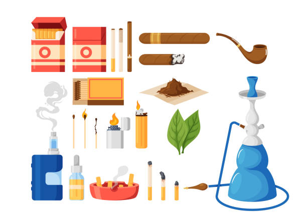 illustrazioni stock, clip art, cartoni animati e icone di tendenza di set di prodotti a base di tabacco o nicotina e articoli per fumatori. pacchetto sigarette, posacenere, sigaro, narghilè e foglie di tabacco - e cigarette