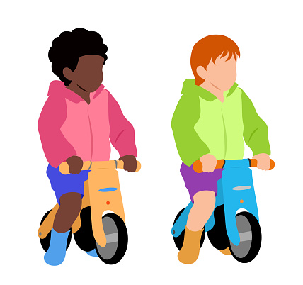 Toddlers riding their balance bike together, side by side.  Adorable colourful flat design vector illustration
